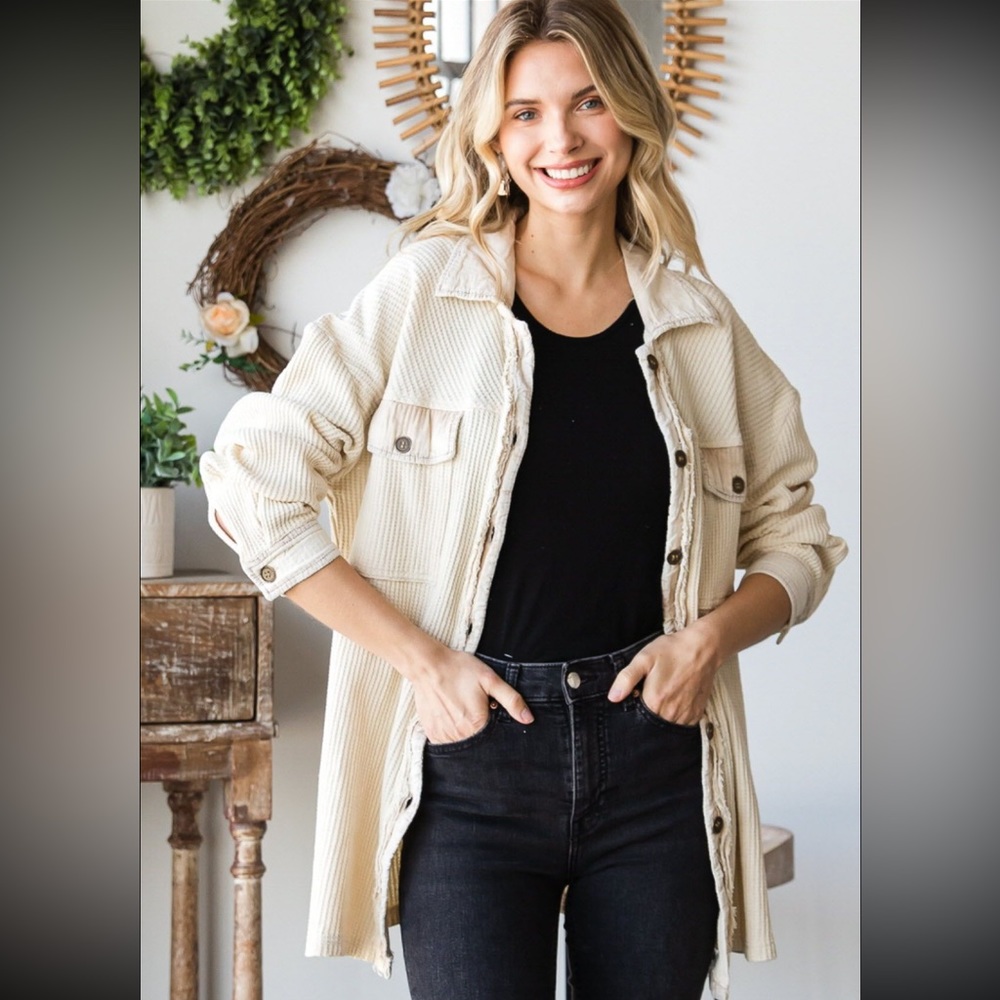 Oatmeal waffle knit shacket.